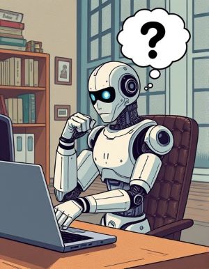 A portrait of a humanoid robot sitting at a desk in a home office with a laptop. They have a 'thinking' pose, with a thought bubble containing a question mark.