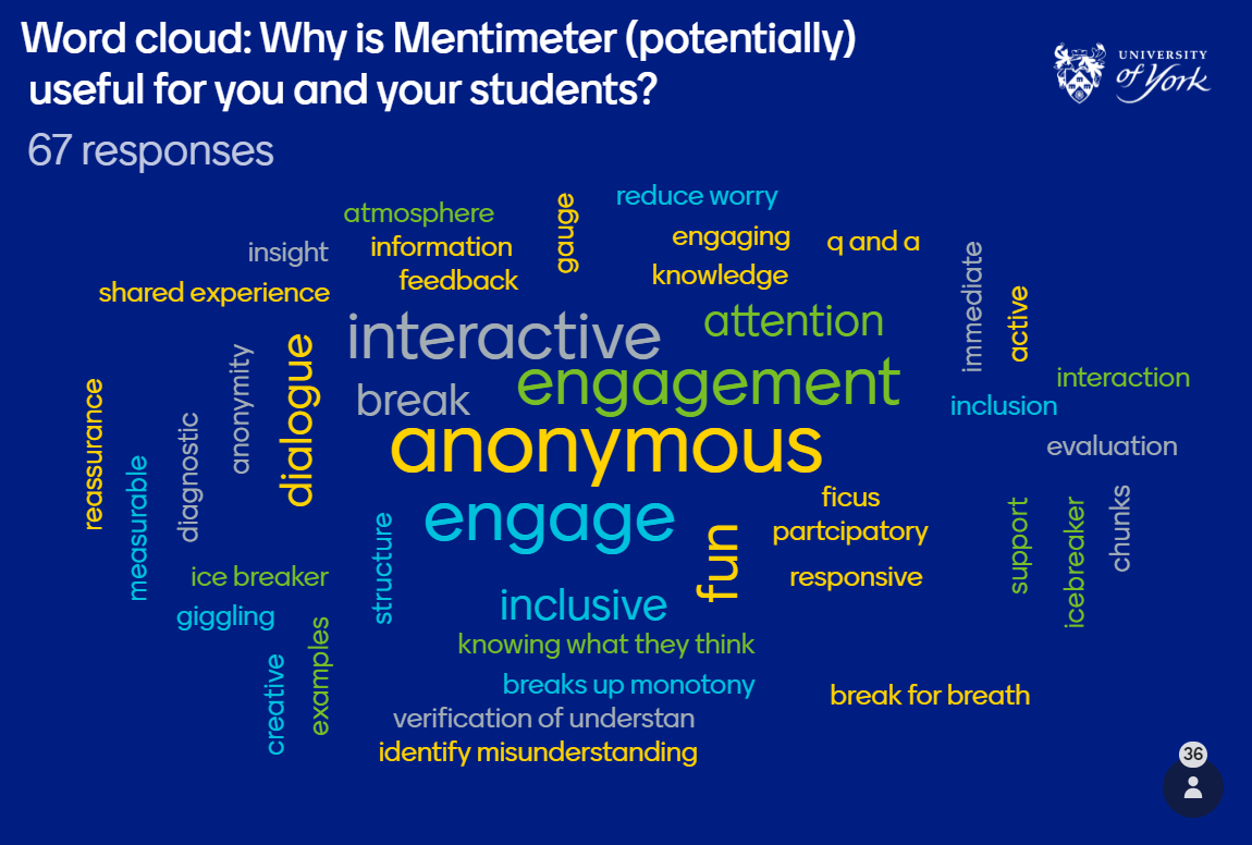 In one word, why do you think Mentimeter may be useful for you? Responses in order of frequency: interactive, engagement, fun, feedback, inclusion, creative, active, informative, exciting, thought-provoking, responsive, atmosphere, Dialogue, insight, Support, Chunks, q_and_a, Attention, Break, Partcipatory Measurable, Knowledge, Attention, Evaluation, Reassurance, Identify misunderstanding"  title="In one word, why do you think Mentimeter may be useful for you? Responses in order of frequency: interactive, engagement, fun, feedback, inclusion, creative, active, informative, exciting, thought-provoking, responsive, atmosphere, Dialogue, insight, Support, Chunks, q_and_a, Attention, Break, Partcipatory Measurable, Knowledge, Attention, Evaluation, Reassurance, Identify misunderstanding