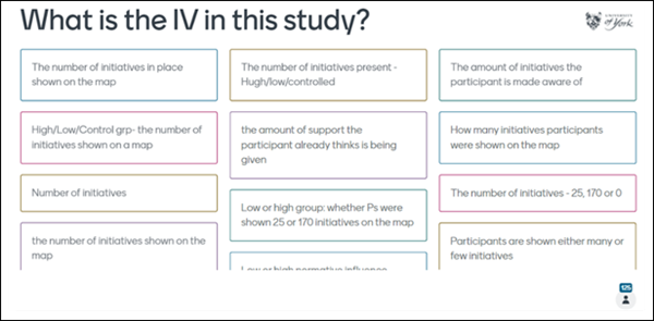 Slide with the following question:  What is the IV in this study?  Approximately 12 short answers are shown of approximately 10 words length each