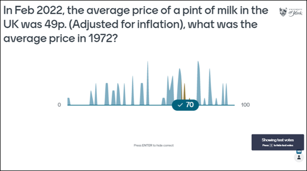 Question: In Feb 2022, the average price of a pint of milk in the UK was 49p.  Adjusted for inflation, what was the average price in 1972?  A graph shows the number of responses with the correct answer - 70p - highlighted.