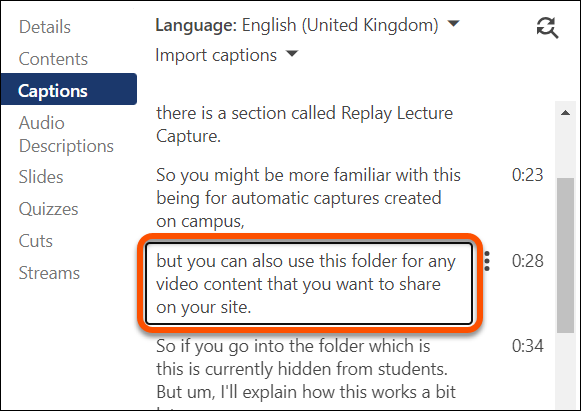 Manually editing captions in Panopto