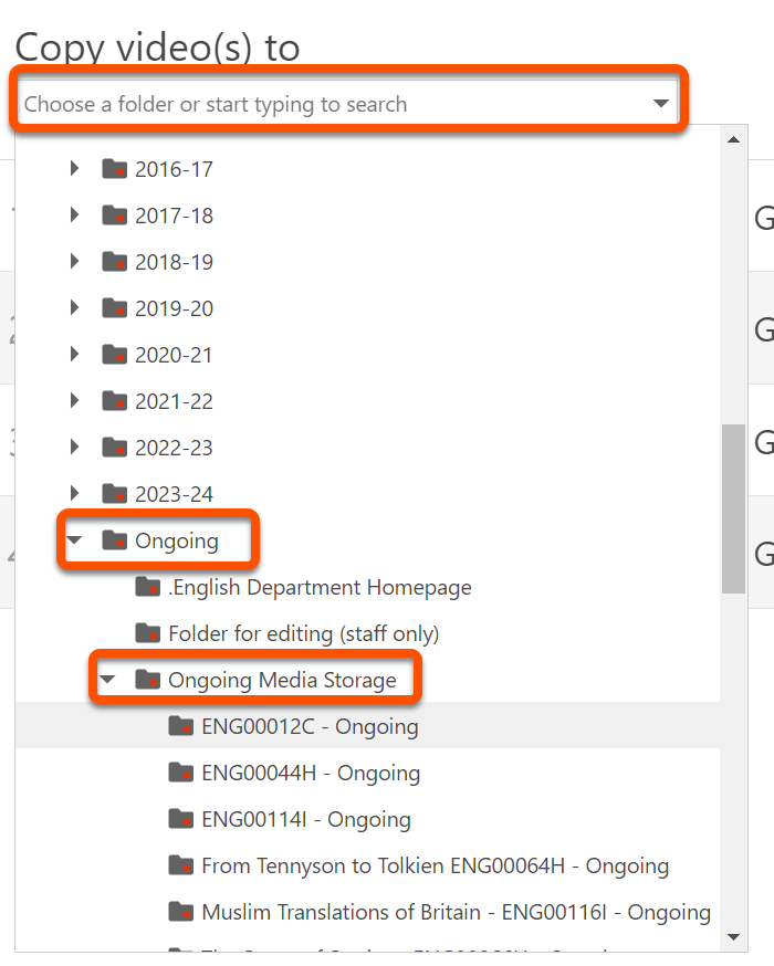 Annotated screenshot showing drop down menu of module folders