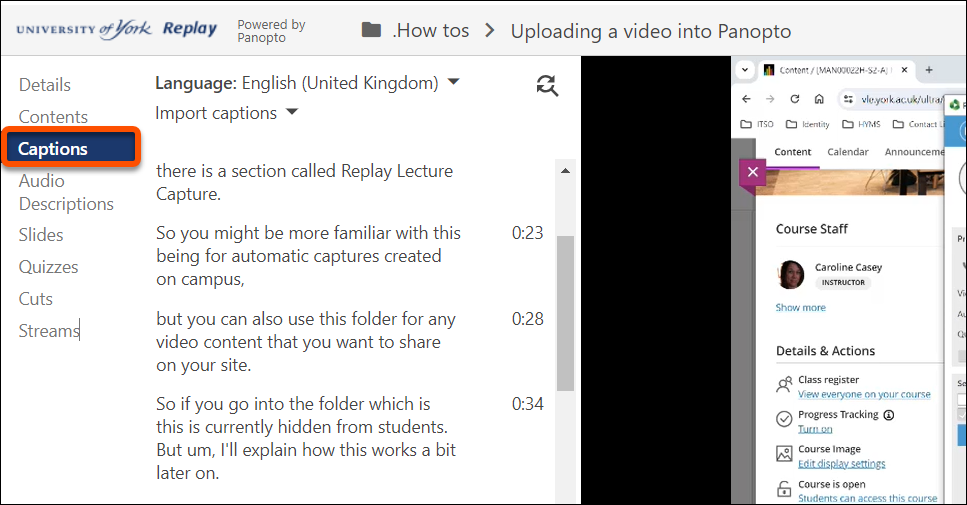 Captions is third in the menu list