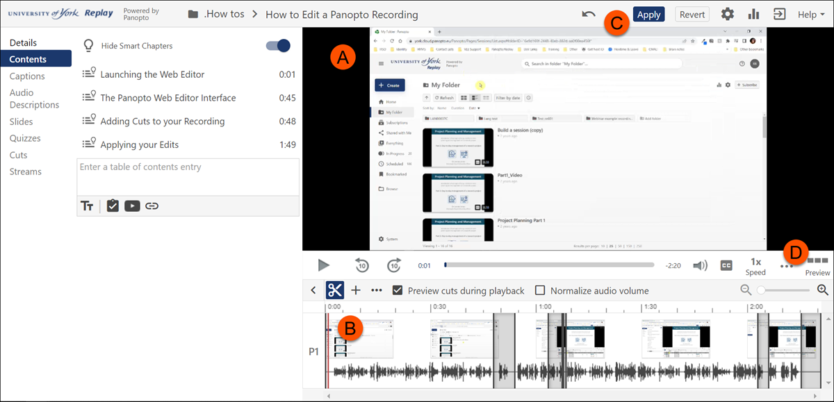 DecorativePanopto web editor interface showing areas listed above