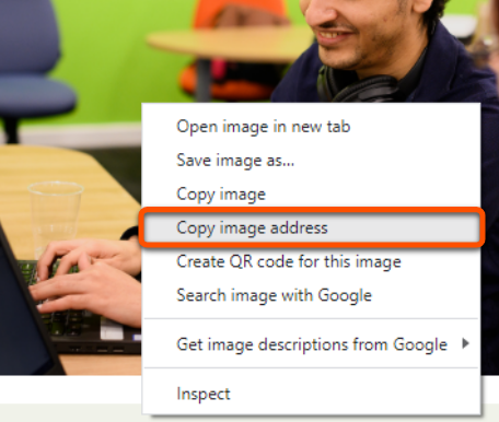 Annotated screenshot showing the right-click menu on a web image, highlighting the copy image address button