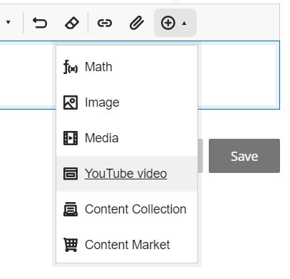 Screenshot of the Insert Content drop-down menu and YouTube option