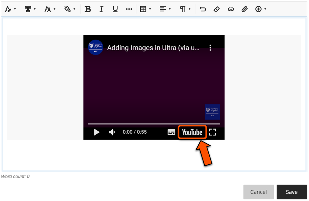 Annotated screenshot highlighting the YouTube button in the embedded video player