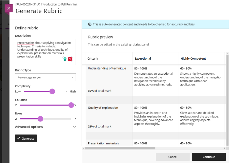 Marking rubric interface: described below