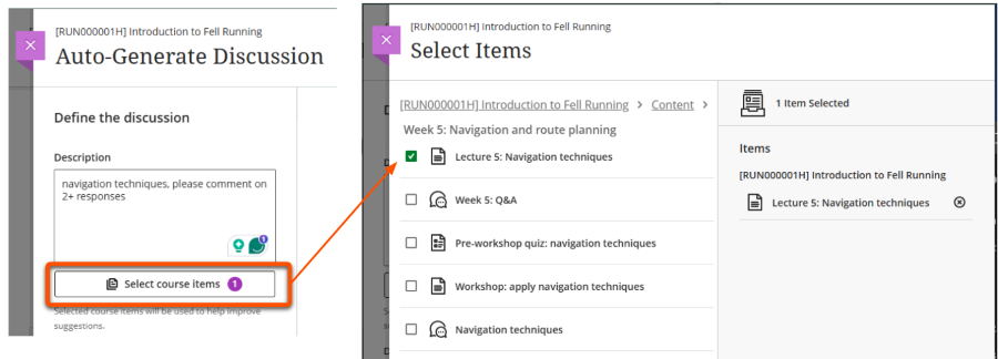 Click Select course items button, then click through site structure to choose the items to include