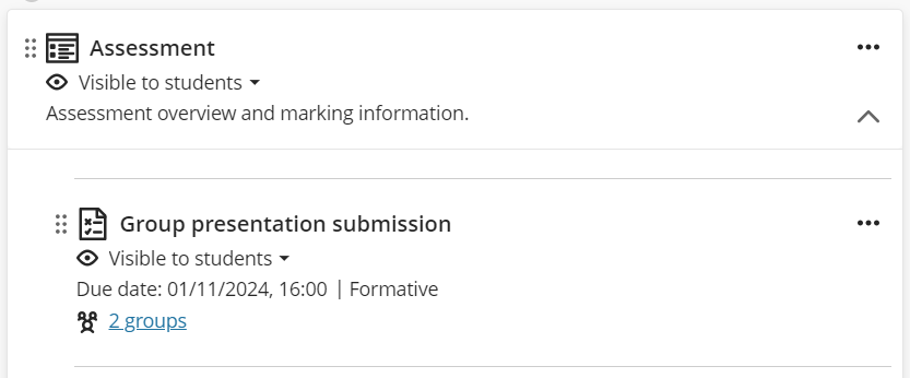 Assignment called 'Group presentation submission' with 2 groups attached