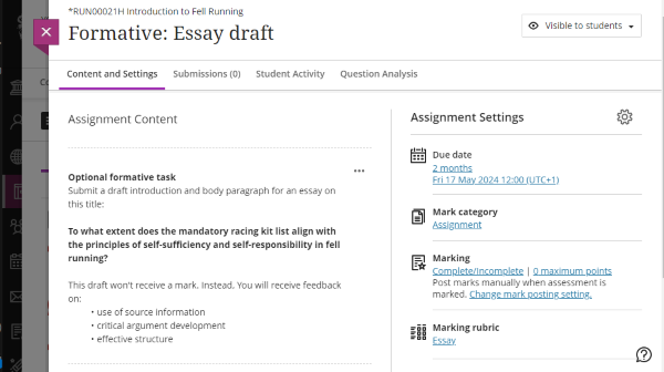 Example Assignment submission point for a formative essay with task instructions