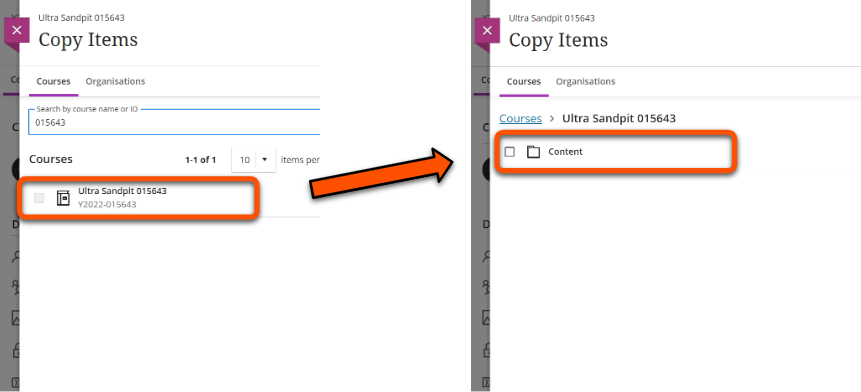 Two annotated screenshots side by side, highlighting a course in the courses list and the Content section on the next page