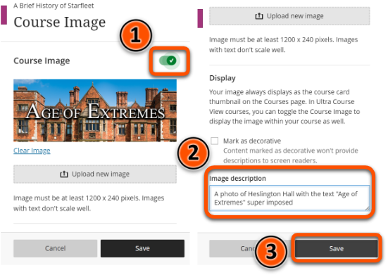 Ensuring the Course Image toggle is set to on, adding alt text and clicking save