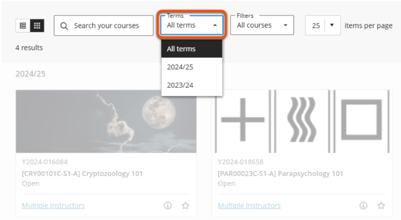 Terms drop-down menu options: 'All terms' and each academic year you have enrollments for