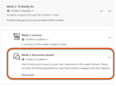 Course content area: Week 2 section containing lecture and Discussion