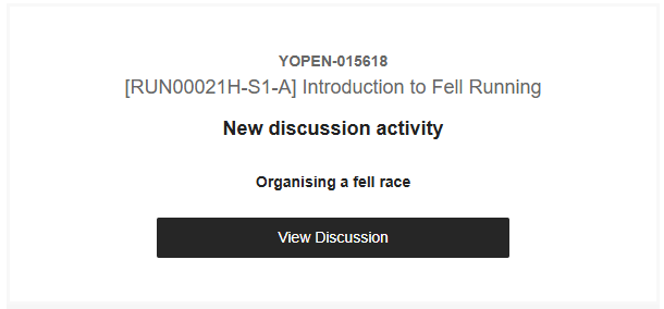 Notification: date, site Ycode, module name, New discussion activity: discussion name, View Discussion button