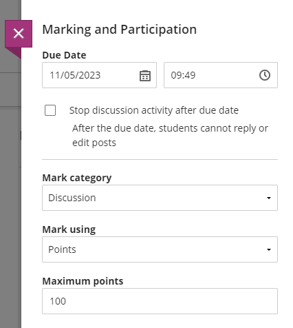 Settings to adjust due date, mark category, mark using points/percent, maximum points