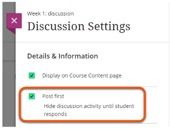 Post first option ticked in the Details & Information section of Discussion settings pane