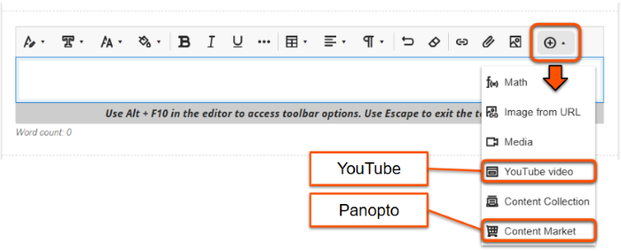 Sub menu with YouTube video and Content Market (for Panopto video)