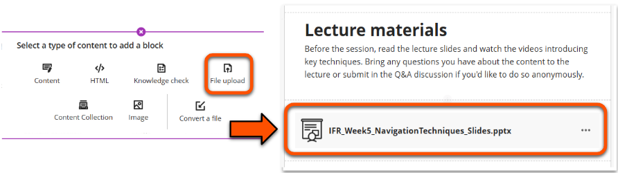 Document with a File upload block with lecture slides below a content block with explanatory text