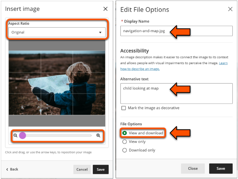 Image preview panel with options to change the aspect ratio, zoom in and re-position. Edit panel as described in text