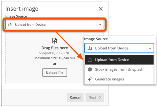 Insert image panel with Image Source drop down menu showing 'Upload Device'. Other options are 'Stock images from Unsplash' and 'Generate images'