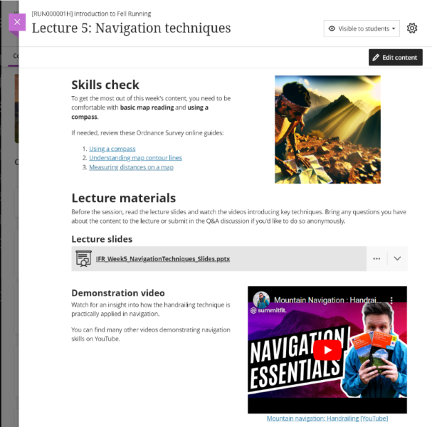 Lecture materials document with text, image, slides file and embedded video in a mix of columns