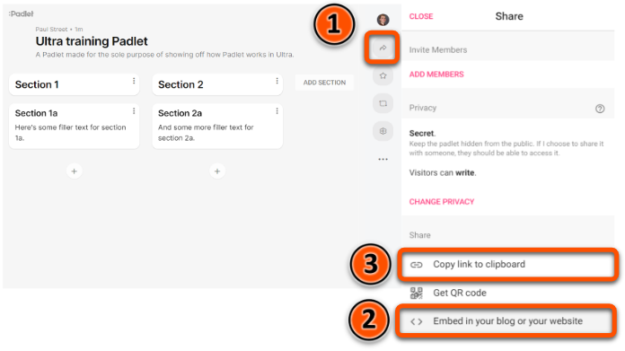 Accessing the share menu in Padlet and showing the embed content and copy link buttons