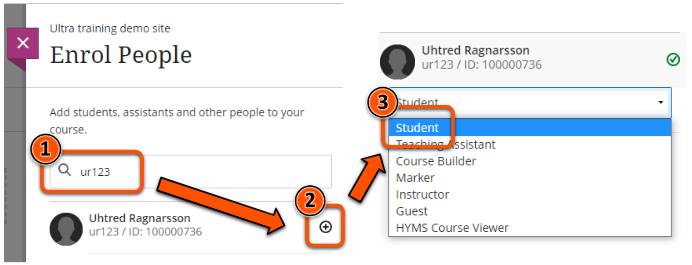 Steps shown to search for a user via their username and select the relevant role