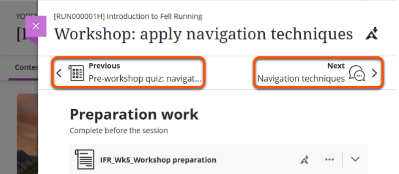 Use previous/next options to navigate between items in a Learning Module