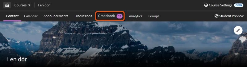 Top navigation bar with Gradebook tab displaying '13' counter icon