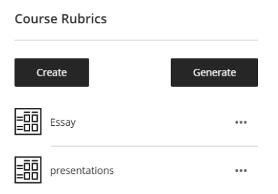 Settings: list of associated course rubrics, and buttons to Create/Generate new rubrics