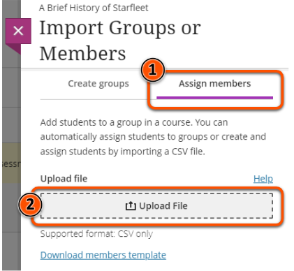 Assign members tab with drag and drop space to upload CSV file