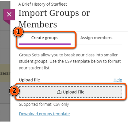 Create groups tab with drag and drop space to upload CSV file