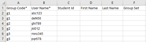 Example csv file to import members with student 1 info: g1, abc123, other cells blank