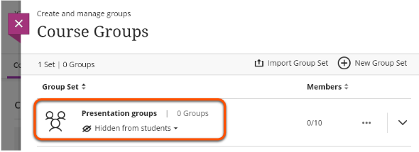 Selecting the Presentation groups set on the Course groups page