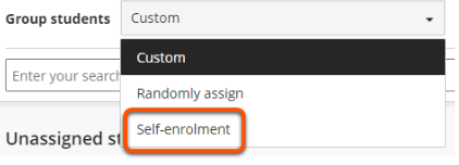 Self-enrolment is the third option in the group students drop down menu