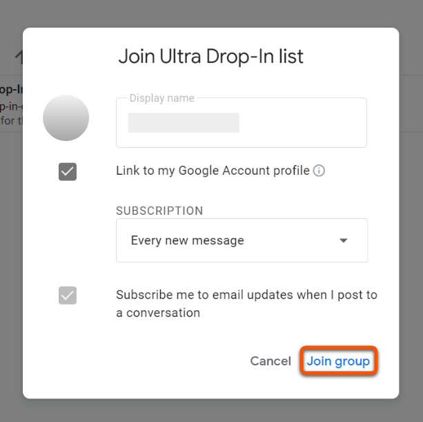 Annotated screenshot of the Join Ultra Drop-In list menu, highlighting the "Join Group" button
