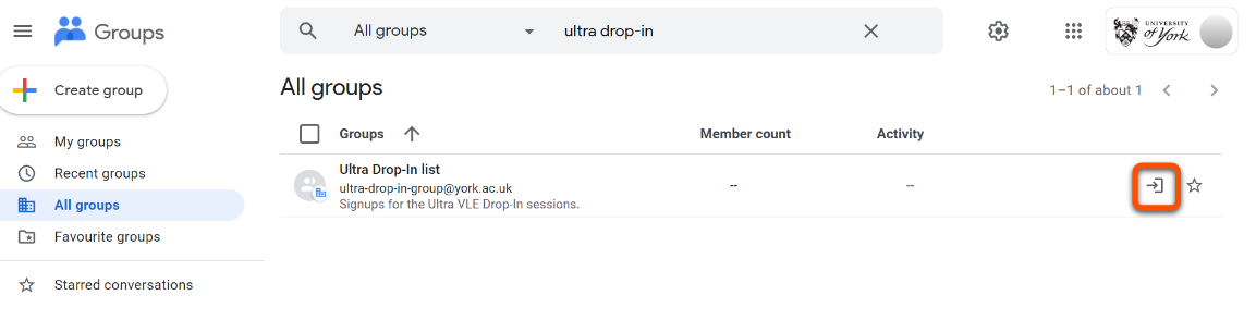 Annotated screenshot of the Google Groups search screen, highlighting the "Join Group" icon