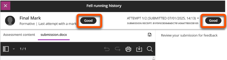Overall and Attempt mark displayed as Good