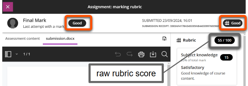 Overall and Attempt mark displayed as Good. Marking rubric shown in feedback field with raw score of 55/100