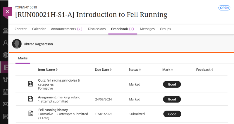 Gradebook view showing assessments with mapped Mark 'Good'