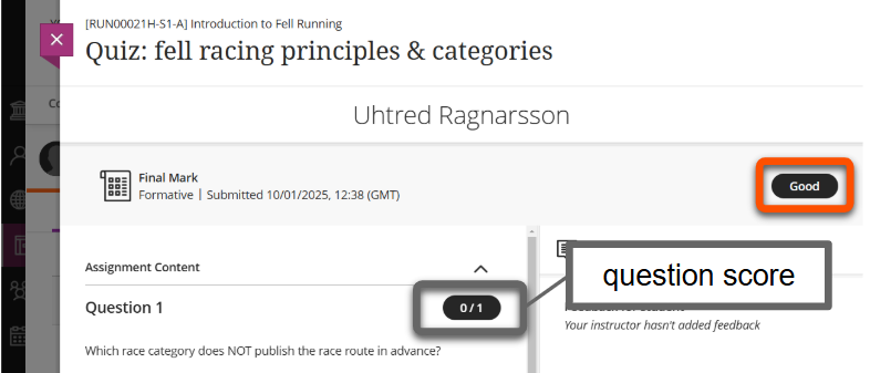 Test mark displayed as Good. Each question shows the score for that question (eg. 0/1)