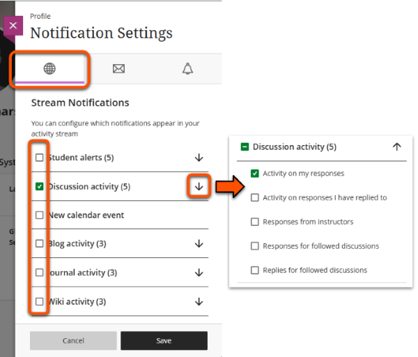 Activity Stream settings: described in example