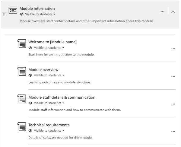 Module specific pages: Welcome to [Module name], Module overview, Module staff details & communication, Technical requirements