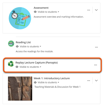 Item title: Replay Lecture Capture (Panopto) link with green icon, set to 'visible to students'