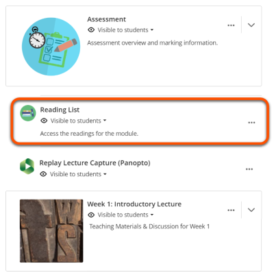 Item title: Reading List item with books icon, set to 'visible to students'