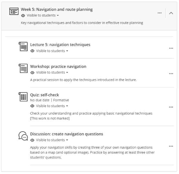 Week 5: navigation and route planning folder. Documents for lecture notes and workshop, practice quiz, discussion board activity