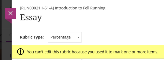 Existing rubric showing warning: You can't edit this rubric because you used it to mark one or more items.