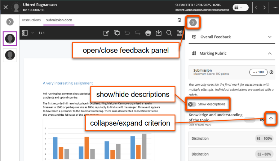 Marking interface showing open rubric panel.The Marking Rubric is shown under the Overall Feedback section, with options to show/hide descriptions and the criterion levels.